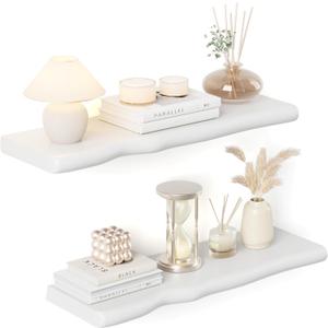 Solid Wood Live Edge Floating Shelves Set of 2 24" Rustic Wall Shelf with Hidden Bracket System, Wall Mounted Shelves for Bathroom, Kitchen, Living Room, Bedroom (White)