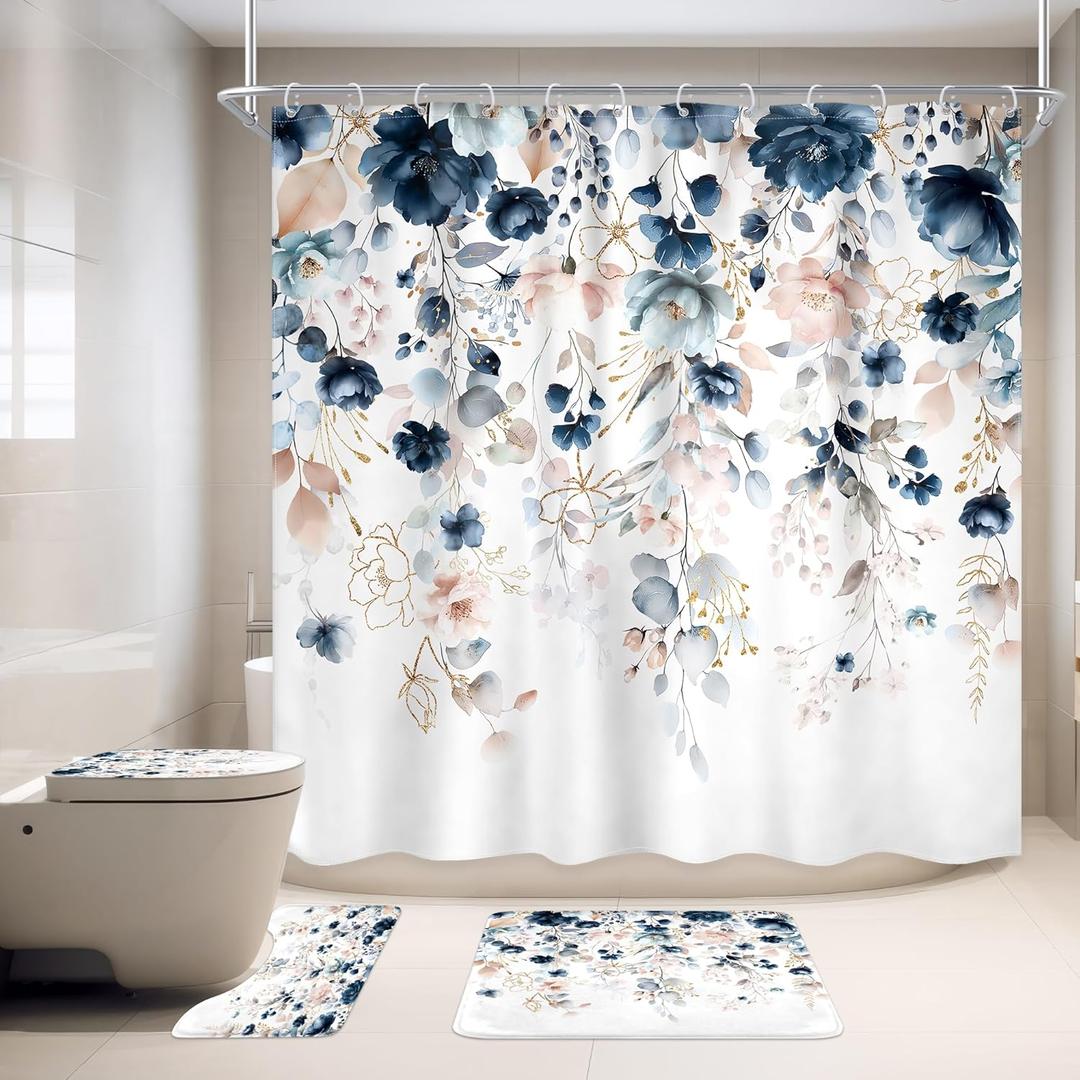 4 PCS Navy Blue Floral Flower Shower Curtain Set 72Wx72H Inch Watercolor Pastel Plant Complete Bathroom Set Non-Slip Bath Rug Toilet Lid Cover and U Shape Mat Accessories 12 Hooks Bathoom Decor