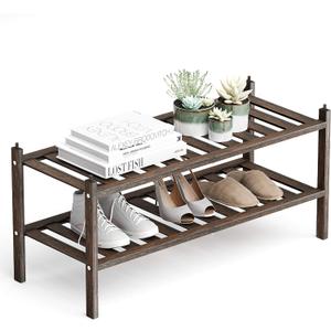 Shoe Rack,2-Tier Bamboo Stackable Shelf Storage Organizer for Entryway, Hallway and Closet, 27.2"x11"x13.2" (Mocha)