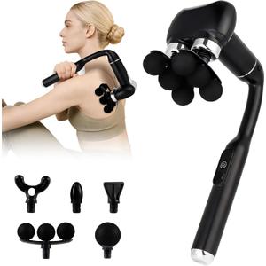 Massage Gun with Extension Handle, Handheld Foot Back Neck Shoulder Massager with 6 Adjustable Speeds & Modes and 5 Replaceable Heads for Gym & Home Use, Birthday Gifts for Men