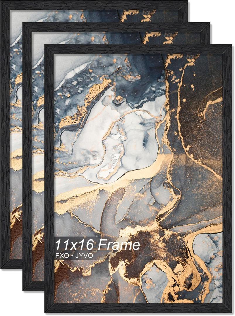 Fxojyvo Engineered Wood 11x16 Picture Frame Set of 3, Black Frame for 11 x 16 Inch Picture Poster Photo, Light Weight 11 by 16 Frame with Wood-grain for Wall - 3 Pack/ Black/ 11 x16