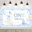AIBIIN One Silly Goose Backdrop Goose 1st Birthday Banner Our Little Goose is Turning One Goose Theme Blue Plaid Bow Tie Banner Cute Cartoon Birthday Party Decorations 70.8x43.3inch (5.9x3.6ft)