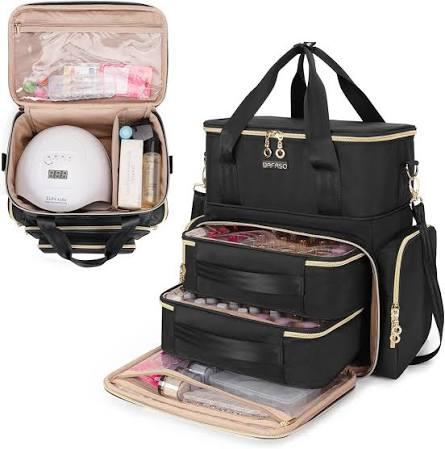 BAFASO 2 Layers Large Travel Makeup Bag with 3 Inner Removable Pouches with Nail Polish Organizer Holds 70 Bottles (15ml - 0.5 fl.oz) and a Nail Lamp