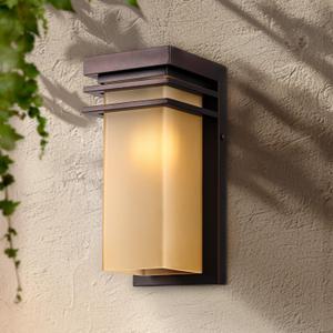 Outdoor Wall Sconce Exterior with Antique Amber Glass, Modern Porch Lights Fixture Wall Mount, 12 inch Bronze Patio Lighting for House, Garage, E26 Base