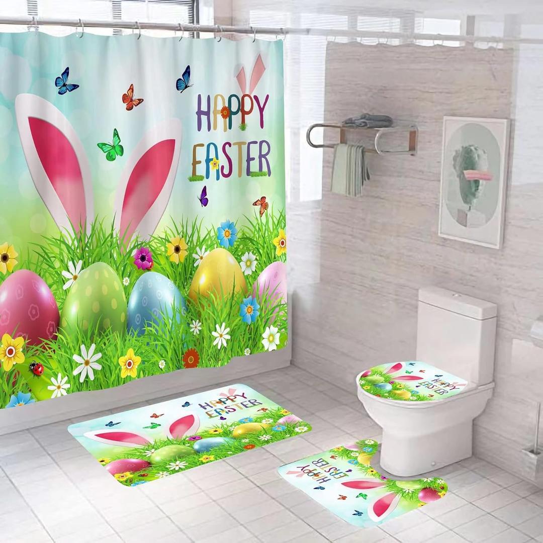 4 Pcs Easter Shower Curtain Set with Non-Slip Rugs, Toilet Lid Cover and Bath Mat, Cute Rabbit Ear Colorful Easter Eggs Shower Curtains with 12 Hooks (Green)