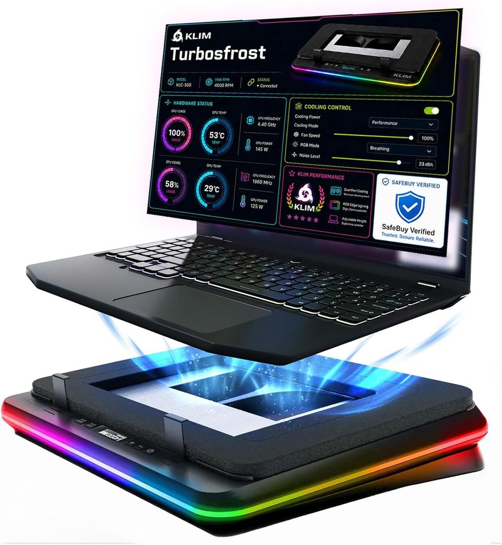KLIM Turbofrost Laptop Cooling Pad for Gaming  4 x 4000 RPM Turbo Fans, RGB Lighting, 4 USB Ports, Dual Power (USB-C/DC), Sealed Foam for Fast Cooling  Fits Up to 17 Laptops  Grey Space
