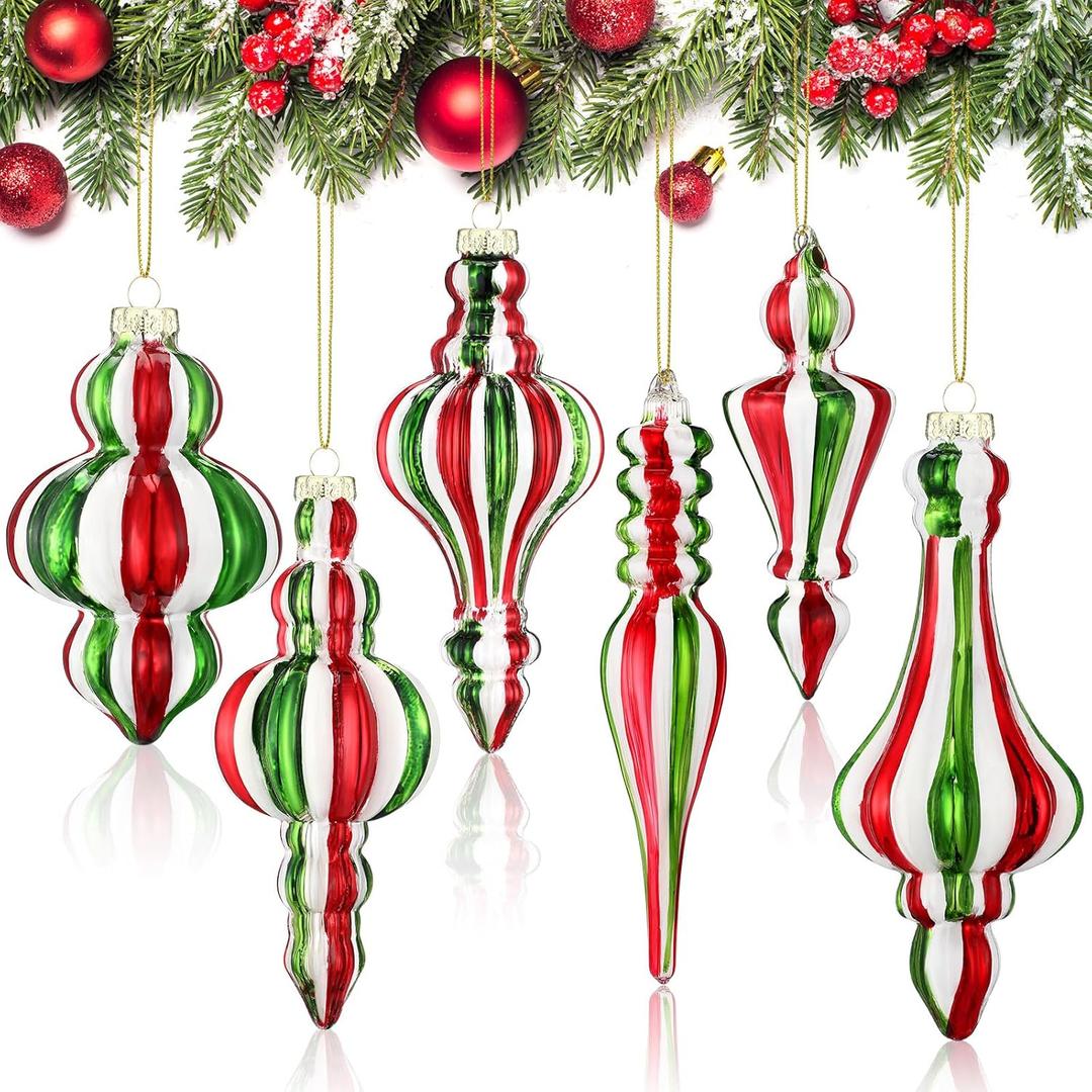 Soaoo 6 Pcs 6.3 Inch Red and Green Mercury Glass Finial Christmas Ornaments Hanging Christmas Finials Glass Ornaments Assorted Mercury Decor for Xmas Tree Vintage Holiday Decoration(Novel)