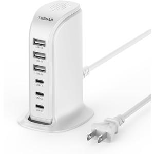 65W USB Charging Station for Multiple Devices, TESSAN USB C Charger Block for iphone13/14/15, Tablet, Earphone with 6 Ports for Home Office Travel Accessories
