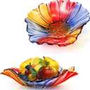 Dicunoy 2 Pack Glass Fruit Bowls, 10" Colorful Vegetable Fruit Plate for Kitchen Counter Table, Modern Creative Stylish Candy Dish, Decorative Sunflower Bowls for Home, Table Centerpieces