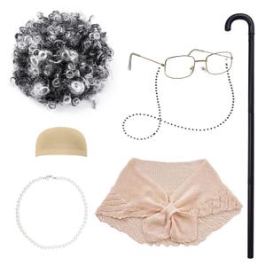 100 Days of School Costume Old Lady Costume for Adult Grandma Wig Old Lady Shawl Granny Glasses with Chain Pearl Necklace Grandma Cane School 100th Activity Suit