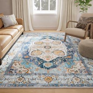 RELEANY 6x9 Area Rug Vintage Machine Washable Low Pile Carpet No Shedding Area Rugs for Living Room Bedroom Dining Room Kitchen Entryway Hallway Office Indoor-Sky Blue/Orange