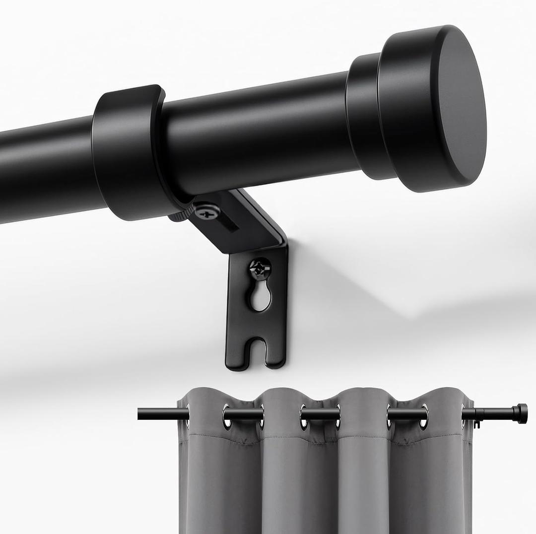 Joydeco Curtain Rods for Windows, Adjustable Black Curtain Rods 16 to 120 inches, 1 inch Diameter Heavy Duty Decorative Window Single Rod Set with Aluminium Finials