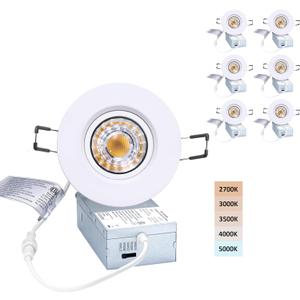 Canless Recessed Gimbal Downlight Rotatable-Spotlight 5 CCT 3 Inch Eyeball Ceilling Potlight, Dimmable Recessed Lights Fixture with Junction Box, 8W CCT Adjustable, White Round Trim, 6 Pack