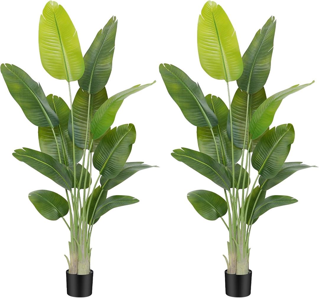 Lifelike Bird of Paradise Artificial Plant,6ft Faux Banana Leaf Tree with 13 Trunks - Perfect Indoor Silk Floor Plant for Home Decor in Living Room, Office, and Bedroom(Set of 2)