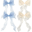 4 PACK Light Blue and Champagne Big Ribbon Hair Bows, Large Hair Accessories, Oversized Long-tail Hair Clips for Women and Girls Hair Styling Accessories.