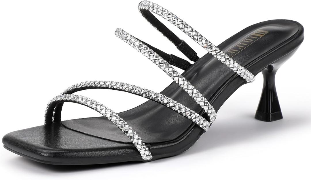 IDIFU IN2 Rhinestone Heels Strappy Low Kitten Square Open Toe Mule Heels Wedding Bridal Prom Party Dress Shoes for Women Comfortable Dressy Formal Sparkly Slip On Heeled Sandals 6