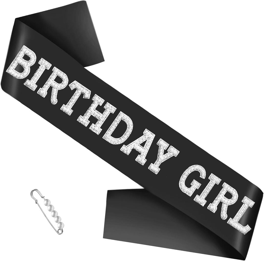 2 x Elegant Birthday Girl Sash, Black Satin with Pearls Rhinestones Decorations, Disco Bday, 10th, Official Teenager, Sweet 16, Finally 21, or Any Other Birthday Party