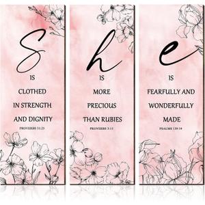 Qunclay 3 Pcs Pink Flower Inspirational Wall Decor Art Gift Wooden Motivational Hanging Christian Quotes Floral Decor for Women Girl Living Room Gift (11.81 x 3.94 x 0.2 Inch, Pink)