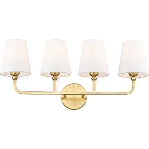 Bathroom Light Fixtures, 4 Light Brushed Gold Vanity Lights with Flared White Fabric Shade, 28 Inch Wall Sconce, Modern Sconces Wall Lighting for Hallway Bedroom, VL837-BG-4