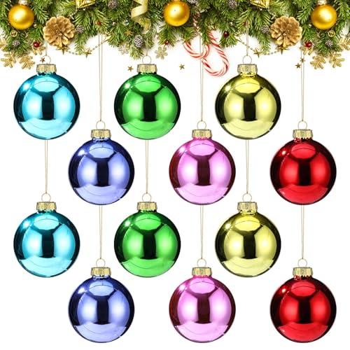 Syhood 12 Pcs 2.36 Inch Christmas Glass Ball Ornaments Shiny Multicolor Glass Christmas Tree Ornaments Hanging Colorful Ball Decoration for Trees Holiday Table Centerpiece Decor(Multicolor)
