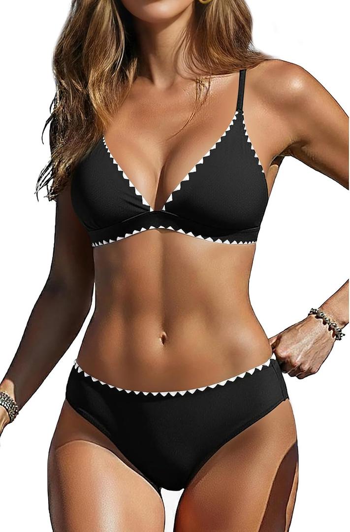 Yonique Womens Push Up Bikini Set - Two Piece Swimsuit V Neck Crisscross Back Bathing Suit 2025 Swimwear (Black, S)