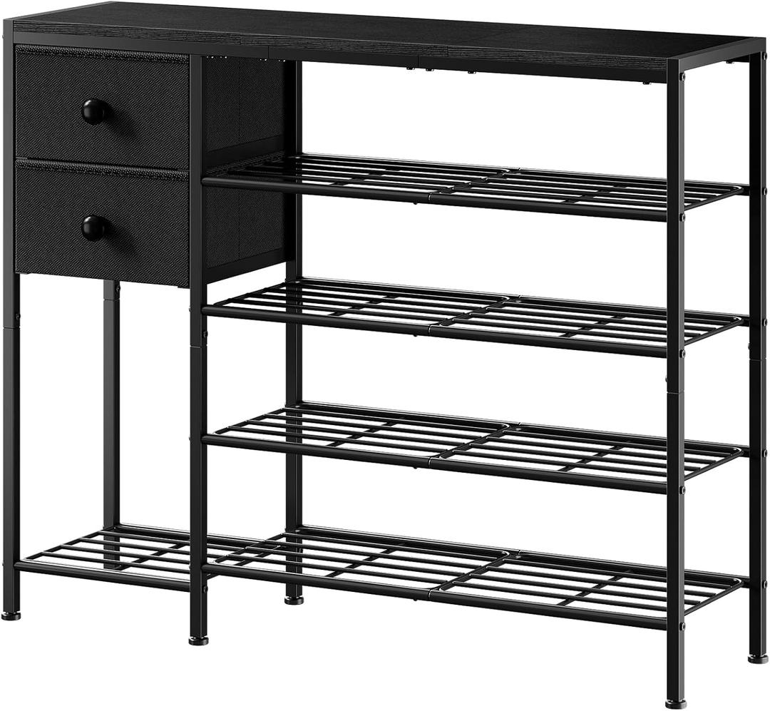 5-Tier Shoe Rack with 2 Fabric Drawers, Metal Frame and Wooden Board Shoe Organizer for 16-20 Pairs of Shoes, Shoe Shelf with Boots Storage for Entryway Closet Black