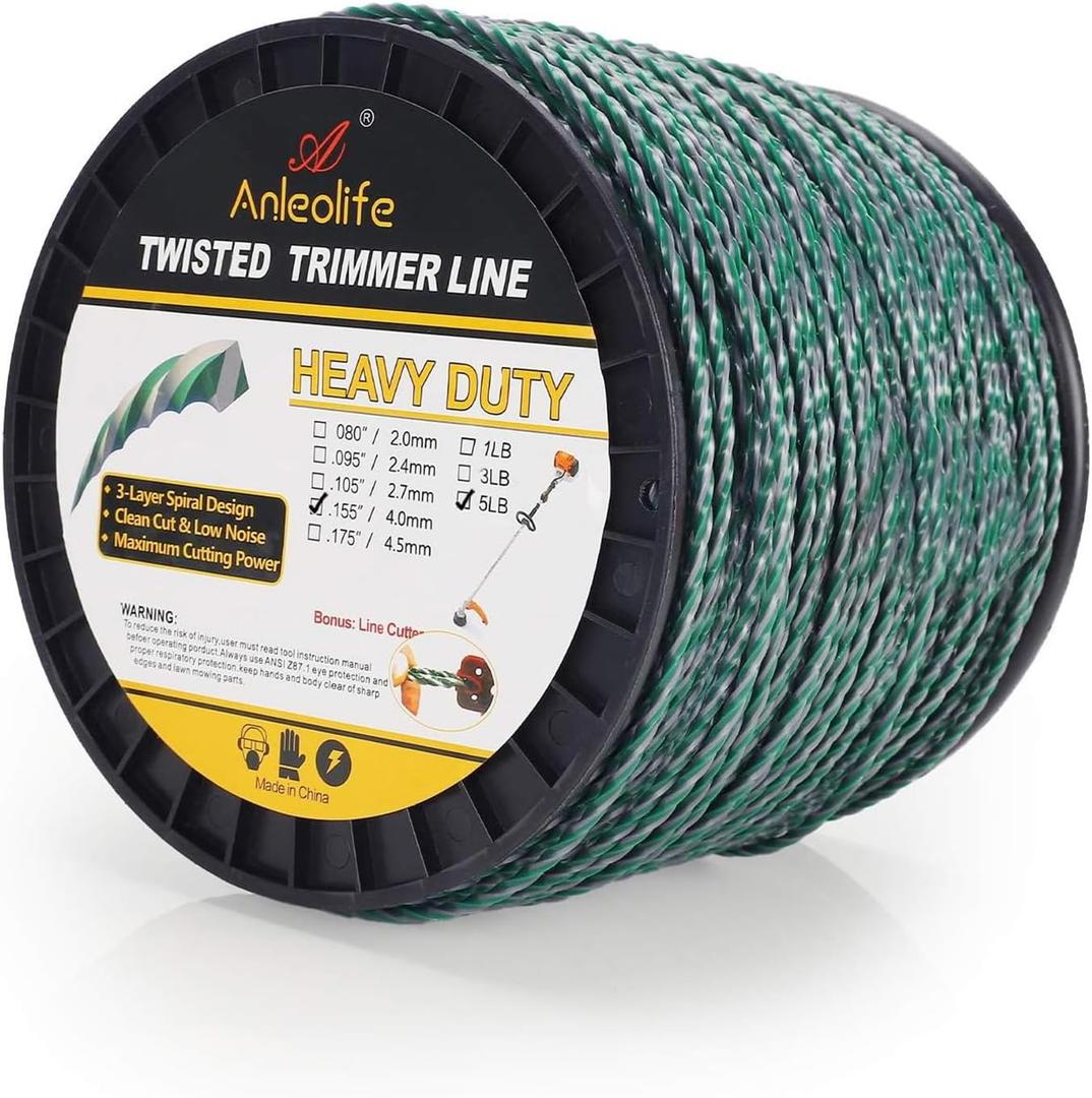 A ANLEOLIFE 5-Pound Heavy Duty Twisted .155-inch-by-759-ft Dual Core String Spiral Trimmer Line Donut,with Built-in Line Cutter