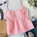 Women's Striped Button Front Flared Camisole Tops Shirred Spaghetti Strap Tank Top (Pink, S)