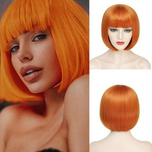 Orange Bob Wig For Women Short Ginger Bob Wig With Bangs Straight Bob Bangs Wig 10 Inch Heat Resistant Synthetic Hair Natural Looking For Daily Party Use