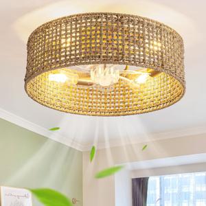 Fandelier Ceiling Fan with Light, 20 Inch Rattan Fans Remote Control Boho CagedHandwovenFlush Mount Low Profile 6 Speeds for Bedroom, Living Room, Dining Room Yoga Room