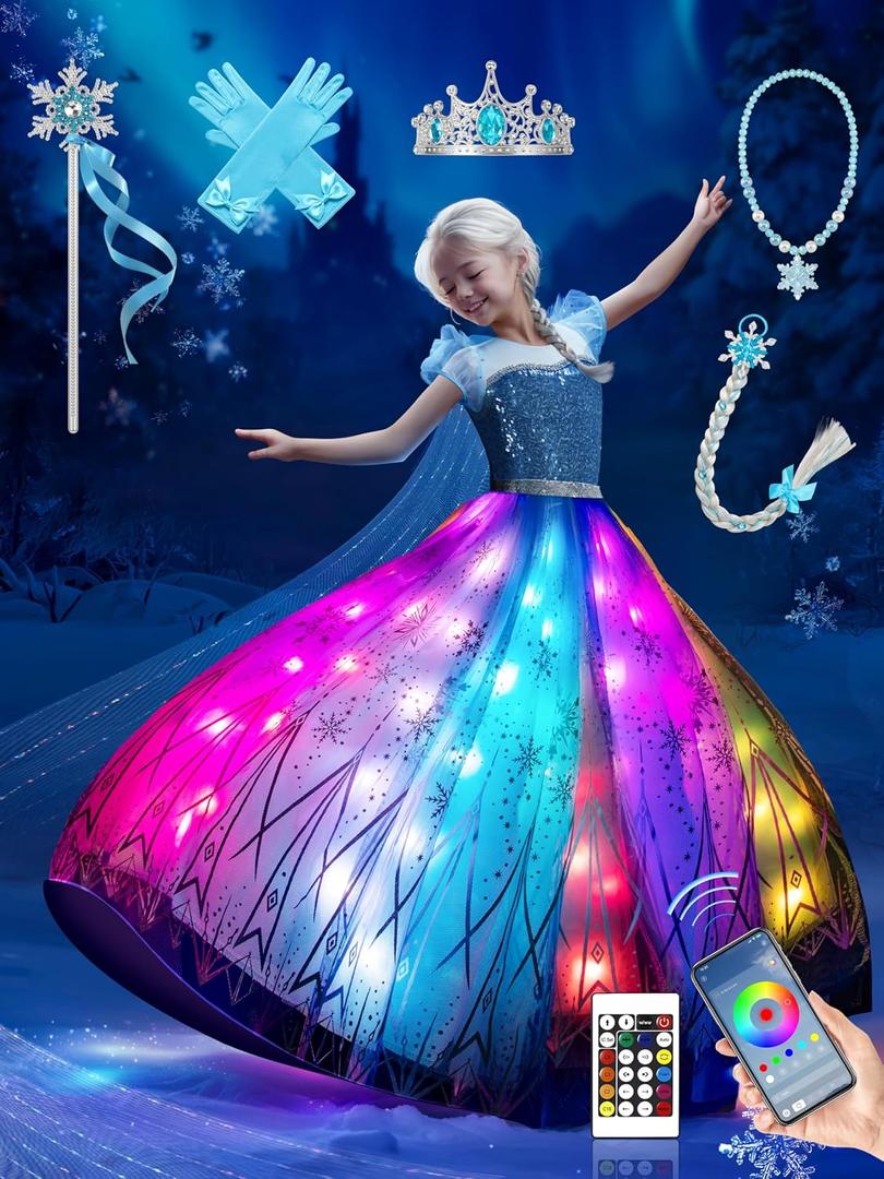 Princess Costume for Girls, RGB Light Up Toddler Dress up ＆ Syncs Music App Control with Accessories for 3-9 Girls