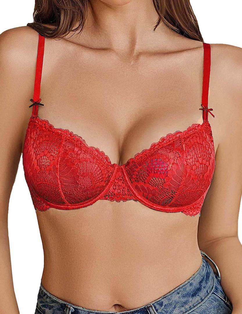 Avidlove Women's Sexy Lace Bra Sheer Underwire Unlined Balconette Everyday Bras Lingerie (Red, XL)