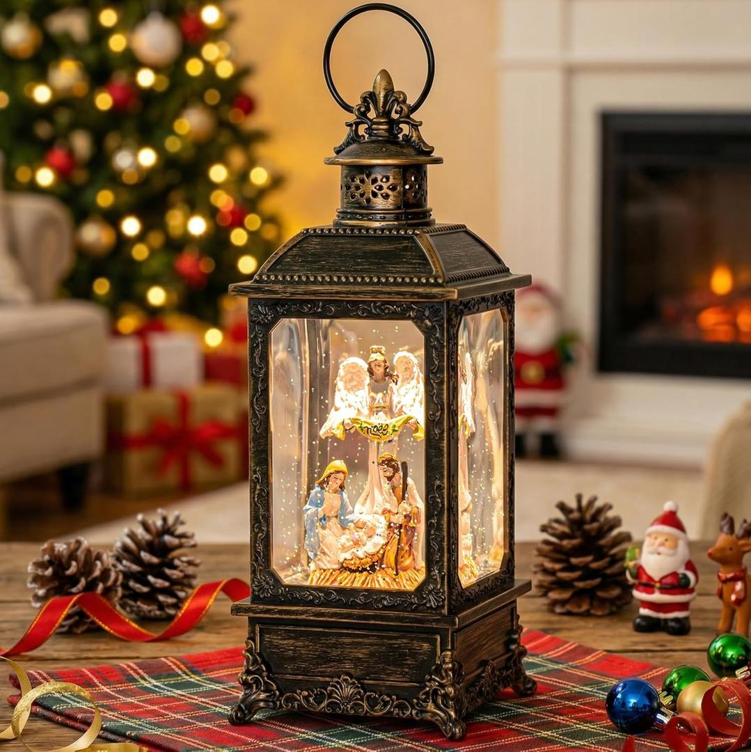 VISFLAIR Christmas Snow Globe Lighted Angel & Nativity Scene, Musical Water Lantern in Swirling Glitter, Battery Operated or USB Powered Holiday Decorations Gifts for Family, Children or Friends
