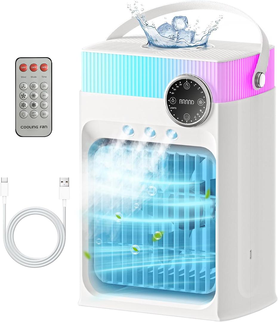 Portable Air Conditioners, Mini Portable AC Unit for Bedroom, 1200ML Small Cooling Fan with Remote, 3 Mist, 3 Speed, 8 Light, 2-8H Timer Personal Cooler Fans for Office Camping Car Desk(White)