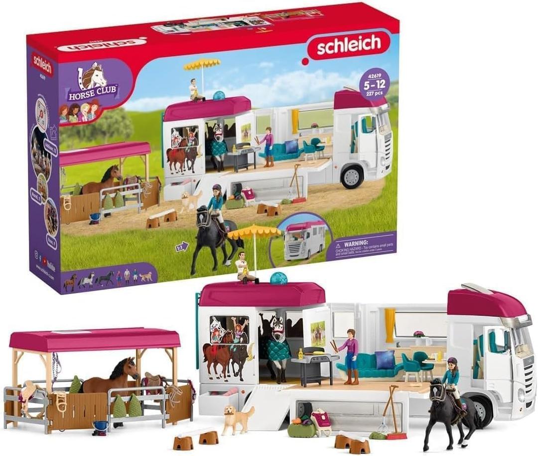 Schleich Horse Club - 227PC Lisa Transporter Playset Horse Toy Trailer Set with Family, 3 Horses, Dog, Grooming Station & Rooftop Pool for Real Water Play Realistic Toys for Kids Ages 5+ | 42619, One Size