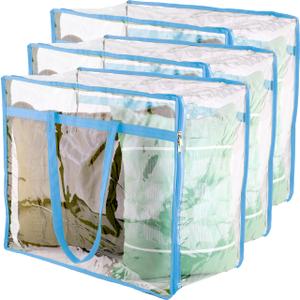 Clear Vinyl Zippered Storage Bags (3-Pack) 40L Sturdy Storage Bags for Sweaters, Blankets, Comforters, Bedding Sets and Much More! (Light Blue, 18x15x9)