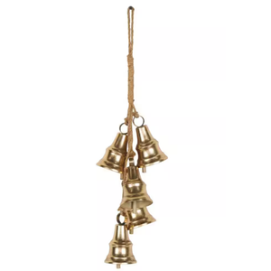 6 in. x 25 in. Gold Metal Cascading Cluster Decorative Bells with Jute Hanging Rope 045974