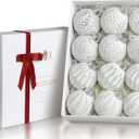 White and Silver Rustic Christmas Ball Ornaments, 3.15 inches Vintage Christmas Tree Decorations, 12 PCS Large Shatterproof Neutral Farmhouse Luxury Ornaments for Xmas Tree, Home Decor