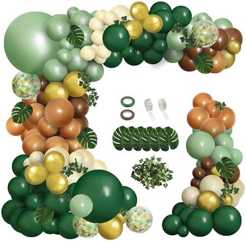 JULLIZ 148 pcs Safari Balloon Arch Kit, Sage Green Brown Jungle Wild One Balloon Garland with Animal Print Balloons Palm Leaves for Woodland Tropical Birthday Party Supplies Shower Decorations