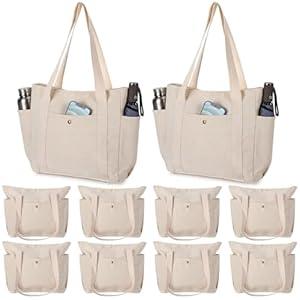 Sadnyy White 10 Pcs Canvas Tote Bags for Women Reusable Shoulder Tote Bag with Zipper Shopping Grocery Handbag for Work Travel