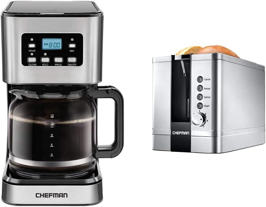 Chefman 12-Cup Programmable Coffee Maker + 2-Slice Stainless Steel Toaster Bundle