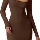 Mulisky Bodycon Dresses for Women, Square Neck Long Sleeve Slimming Fit Mini Dresses for Club Party (Medium, Brown)