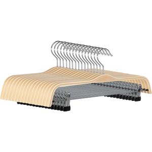 JS HANGER Natural Wooden Pants Hangers with Clips, 16 Pack Wood Skirt Hangers Trouser Hanger for Jeans, Slacks, Shorts with 2-Adjustable Clips