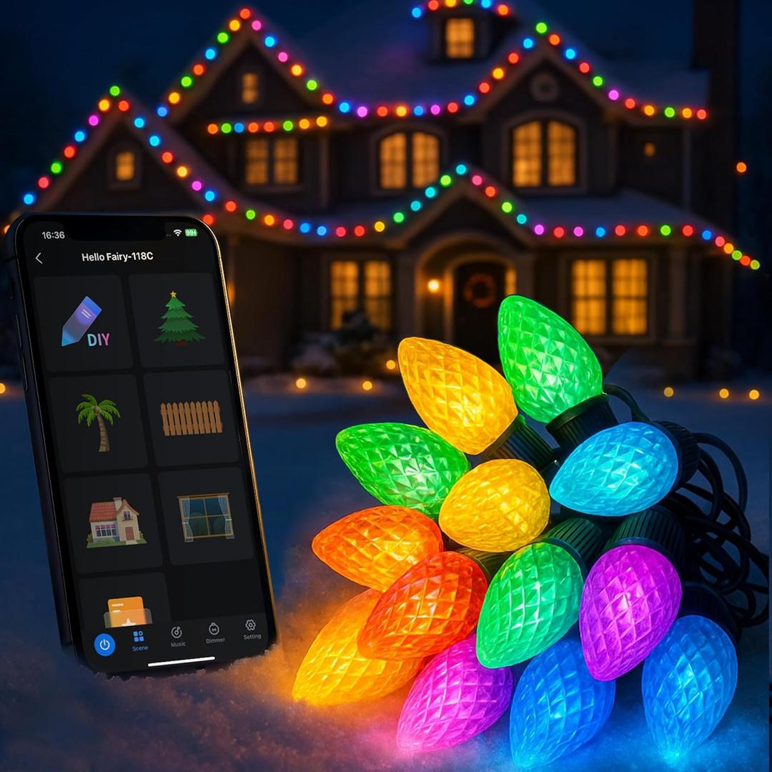 Popotan C-9 LED Christmas Lights Outdoor, 33FT 50 LEDs Smart RGB String Lights with App Remote Control, 108 Modes, Waterproof for Porch, Fence, Holiday Decoration,Halloween Lights