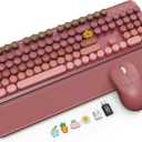 Wireless Keyboard and Mouse Combo, Magnetic Soft-Touch Wrist Rest, Round Keycaps, Full-Size Retro Typewriter Keyboard, 2-Stage Tilt Legs, Auto Sleep, 2.4GHz Cordless for Windows PC, Rose Pink Ombre