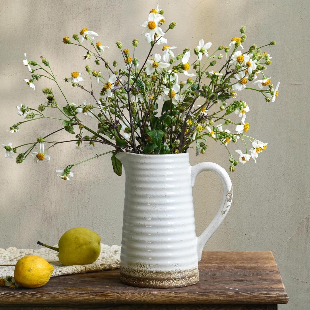 Ceramic Rustic Vase with Handle, White Distressed Decorative Farmhouse Pitcher Vase for Home Decor Living Room Bedroom Kitchen Office Shelf Decor Centerpiece Table Decoration
