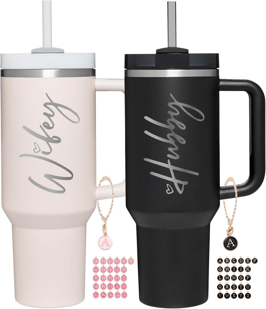 Wifey Hubby 40 oz Tumbler Cup for Couples with Handle Lids Straws Letter Charm Accessories 2 Pack Wedding Gifts for Couples 2026 Engagement gift Bridal Shower Gift for Bride Groom Newlyweds