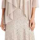 2-Piece Long Floral Glitter Lace Dress W/Beaded Neckline & Matte Chiffon Flyaway 3/4 Sleeve Jacket (8, Champagne)