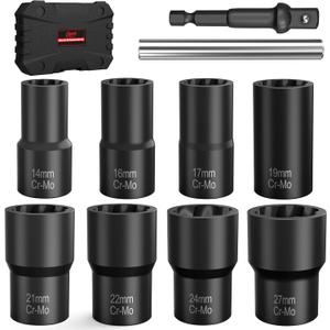 Eapele Bolt Extractor Set, 10 Piece Lug Nut Remover Socket Tool, 1/2" Drive Impact Wheel Lock Removal Kit for Removing Damaged, Frozen, Rusted, Rounded-Off Bolts, Lug Nuts & Screws (10pcs - Large size)