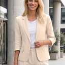 Mina Self 2026 Women's Summer 3/4 Sleeve Linen Blazer - Lightweight Breathable Fully-Lined Slim Office Jacket with Pockets (Beige, L)